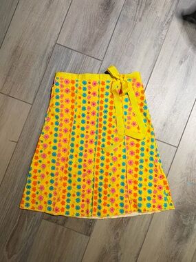 Bright Yellow Floral A-Line Skirt with Waist Tie